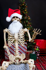Santa skeleton with beard gestures with one hand