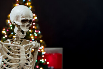 Skeleton exhibiting child like excitement on Christmas morning