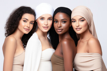 Obraz premium Beauty portrait of a diverse group of beautiful women with perfect, natural, glowing skin. Multi-ethnic group as a concept of women united with diversity of origins and beliefs. 