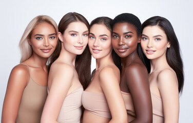 Obraz premium Beauty portrait of a diverse group of beautiful women with perfect, natural, glowing skin. Multi-ethnic group as a concept of women united with diversity of origins and beliefs. Generative AI. 