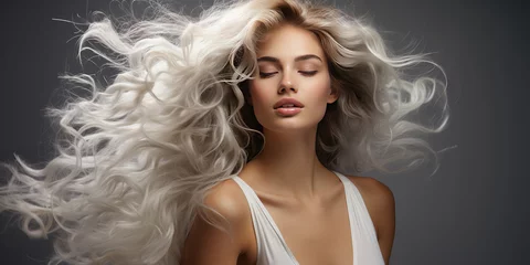 Fototapeten Glossy wavy white hair. Beautiful girl with long blonde hair on dark background. Digital illustration © LiliGraphie