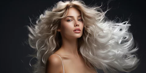 Fotobehang Young woman with long blonde hair on dark background. Glossy wavy white hair. Digital illustration © LiliGraphie