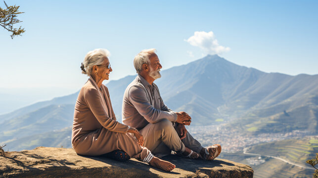 pensioner couple enjoys the view at the vantage point on a trip into the countryside