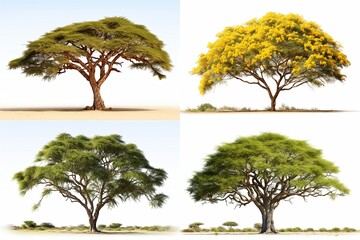 set of acacia trees isolated on white background
