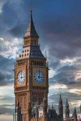 Big Ben, Westminster Bridge on River Thames in London, the UK. English symbol. Lovely puffy clouds,...