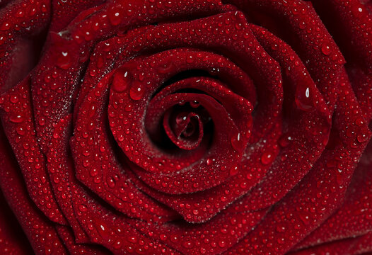 Macro photo of wet red rose with big petals and water drops