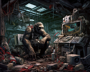 Cyber-Ape Cyborg in a Ruined Laboratory