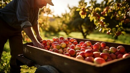 Apple orchard owner presses freshly harvested apples - obrazy, fototapety, plakaty