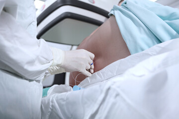 Naklejka premium Epidural anesthesia. Injections of epidural anesthesia. Preparation for operation.Close-up.