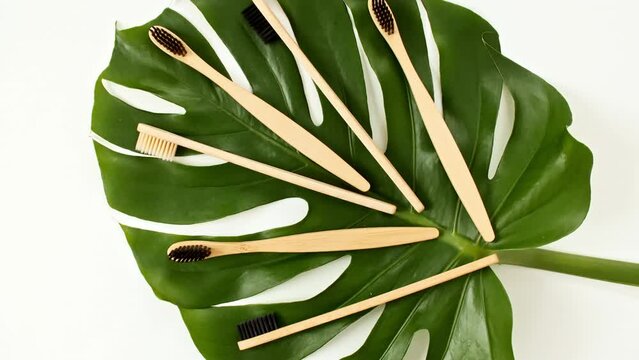Eco-friendly biodegradable Bamboo toothbrush. No plastic. Conscious minimalism Vegan lifestyle. Reuse reduction concept. High quality 4k footage
