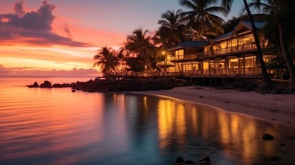 Fototapeta premium Luxury beach resort at sunset, Tropical vacation with the ocean and hotel.