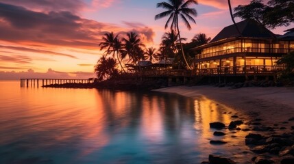 Luxury beach resort at sunset, Travel relaxing at the shore at dawn. - obrazy, fototapety, plakaty