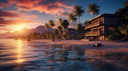 Obraz premium Beautiful seaside accommodation at sunset.