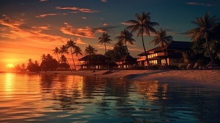 Beautiful seaside accommodation at sunset.