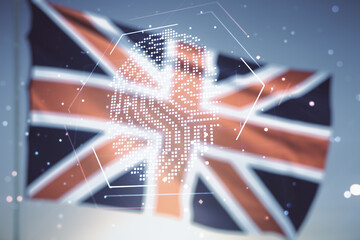 Abstract virtual fingerprint hologram on flag of Great Britain and sunset sky background. Multiexposure