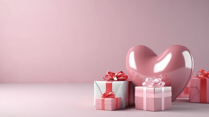 A gift tied with a ribbon with pink heart balloons, Merry Christmas, Valentine's day concept.