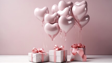 Happy valentines day decoration with heart shape gift box, balloon, Celebration of love with gift on studio background.