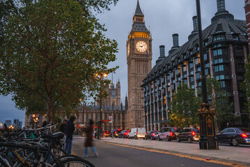 Big Ben, Westminster Bridge on River Thames in London, the UK. English symbol. Lovely puffy clouds,...