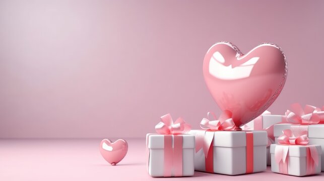 Valentine's Day wrapped present with pink heart balloons, Presentation of gifts on the eve of the holiday.
