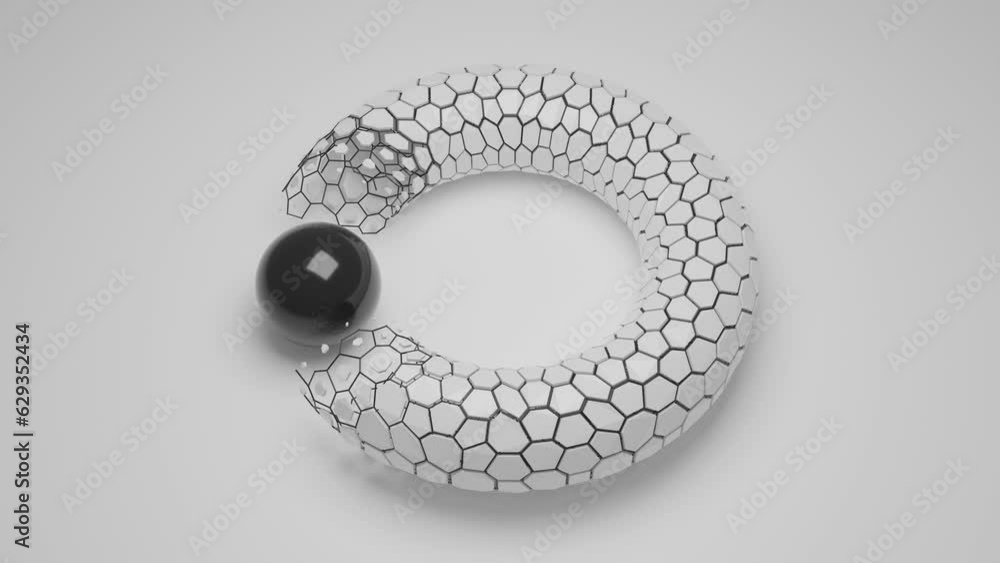 Poster loop 3d animation of a white bagel, a torus, a geometric figure of many polyhedra, segments. the ele