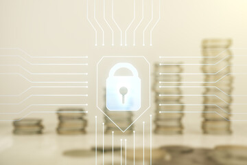 Virtual creative lock sketch with chip hologram on growing coins stacks background, protection of personal data concept. Multiexposure