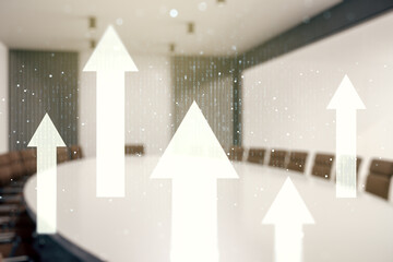 Virtual upward arrows hologram on a modern coworking room background, leadership and motivation...