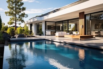 Fototapeta premium Rear garden of a contemporary home with swimming pool, Modern real estate.