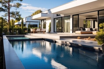 Rear garden of a contemporary home with swimming pool, Modern real estate.