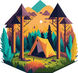 Camping concept art. Flat style illustration of beautiful landscape, lake, mountains, forest, tent, and a campfire