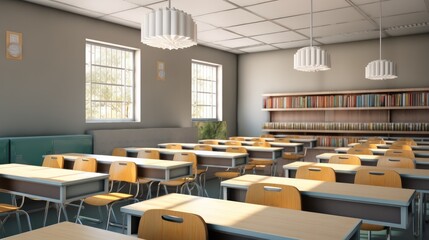 Chairs and table in high school Classroom, Empty classroom.