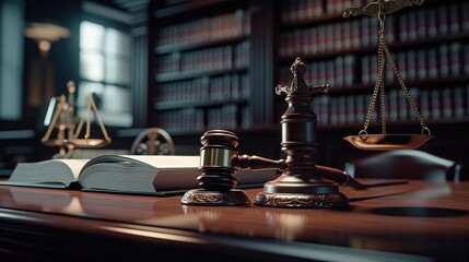 Obraz premium Judge gavel and books, Law firm courtroom, Office space for legal work, Lawyers and judges concept.