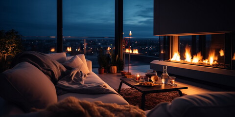 evening cozy  room modern design ,kamin and candle blurred light near sofa on front windows