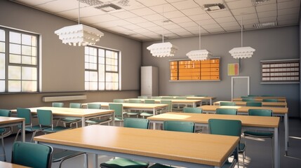 Fototapeta na wymiar Chairs and table in high school Classroom, Empty classroom.