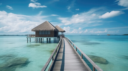 Luxury water villas resort and wooden pier, Beautiful sky and ocean lagoon beach background.