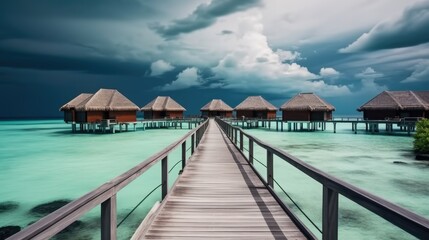 Luxury water villas resort and wooden pier, Summer vacation holiday and travel concept, Vacation.