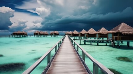Luxury water villas resort and wooden pier, Summer vacation holiday and travel concept, Vacation.