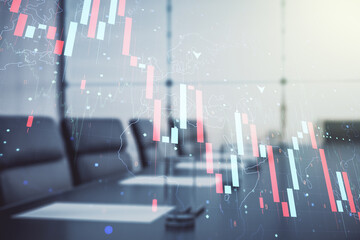 Economic crisis chart and world map hologram on a modern coworking room background, bankruptcy and recession concept. Multiexposure