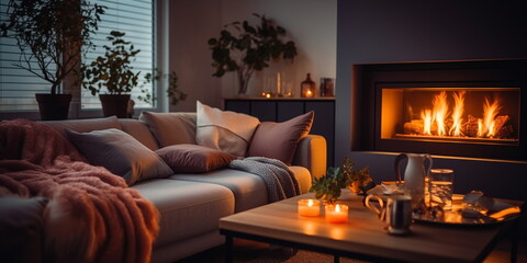 evening cozy  room modern design ,kamin and candle blurred light near sofa on front windows