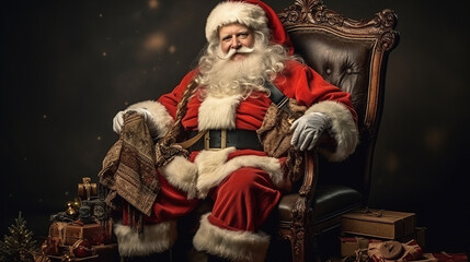 Obraz premium Adorable Santa Claus sitting in chair with sack full of presents. Vintage...