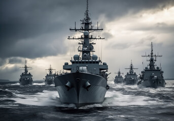 A line ahead of modern military naval battleships warships in the row, Military at sea.