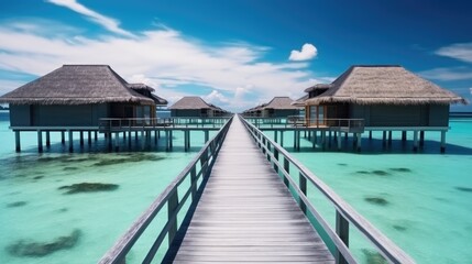 Luxury water villas resort and wooden pier, Summer vacation holiday and travel concept, Vacation.