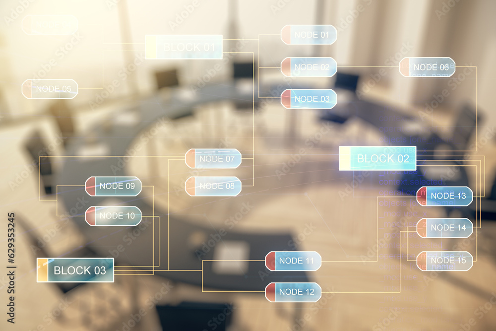 Poster multi exposure of abstract programming language hologram on a modern furnished office interior backg
