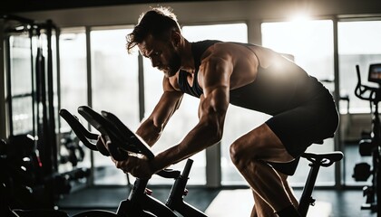 Muscular man cycling on stationary bike in gym