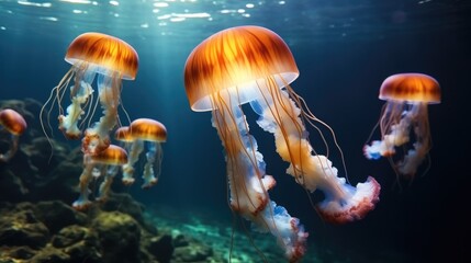 Common jellyfish in aquarium lit by light.