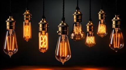 Obraz premium Classic retro lighting bulb in orange warm light, Object for interior decoration, Vintage Edison design.