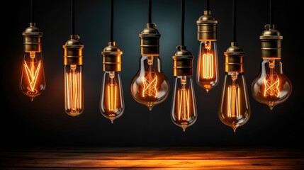 Decorative antique Edison style light bulbs, Different shapes of retro lamps on dark background. - obrazy, fototapety, plakaty