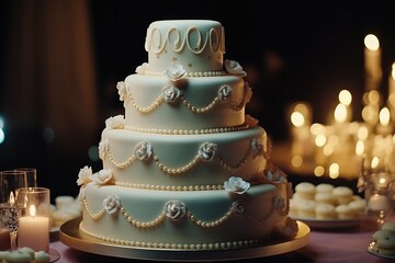 Obraz na płótnie Canvas Wedding cake decorated with flowers and pearls.