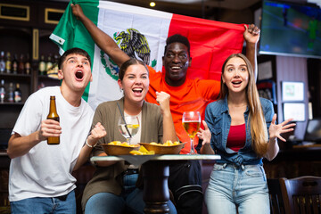 Cheerful multiracial footbal fans waving the flag of Mexico while drinking beer and watching tournament in sport bar © JackF