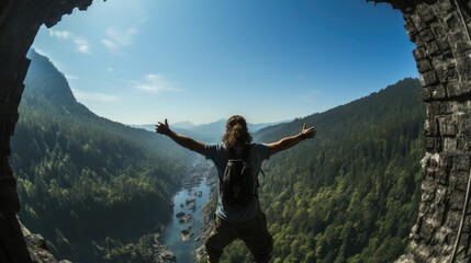 Obraz premium Happy young man with arms outstretched enjoying freedom on high cliff, Successful, Inspirational concept.