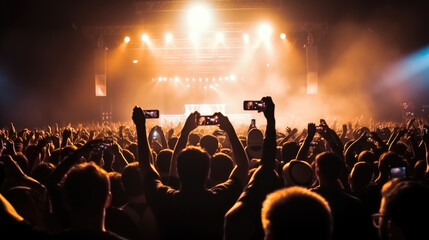 Back view of crowd of people in front of stage filming music concert with mobile phones copy space, Concert recording, Enjoying the concert.